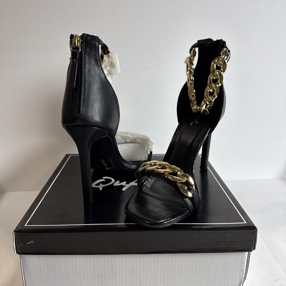 Qupid Highlight‎ 49 Black Gold Chain Leather 4in Heels Size 8.5